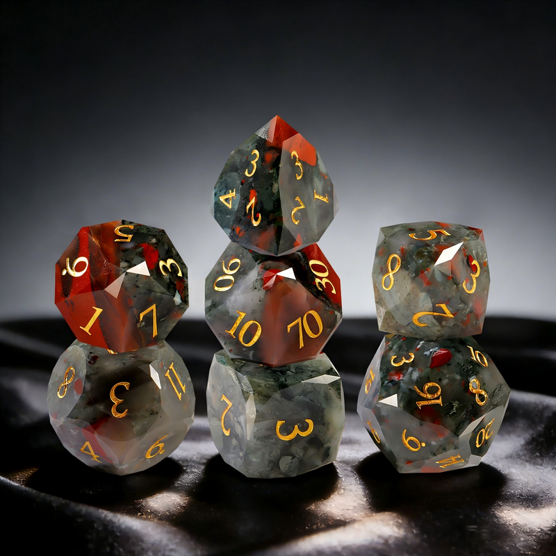 African bloodstone polyhedral dice for Dungeons and Dragons — natural stone 7-piece set