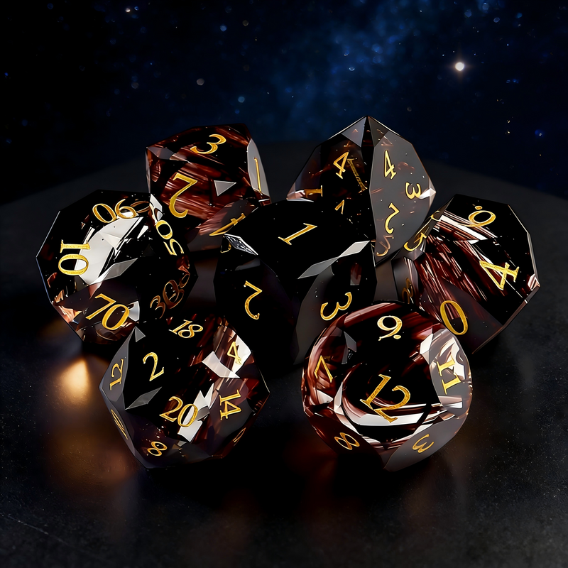 Close-up of Golden Swan natural stone D20 die for tabletop RPG — warm sandy tones with golden-brown veining