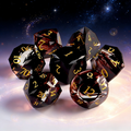 7-piece Golden Swan natural stone DND dice set including D4 D6 D8 D10 D12 D20 — warm sandy tones with golden-brown veining
