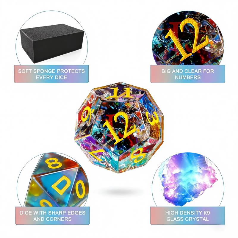 Rainbow Shattered K9 Crystal Dice Set — premium K9 glass DND dice set