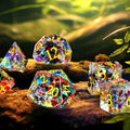 7-piece K9 crystal DND dice set — clear with full-spectrum rainbow internal fractures