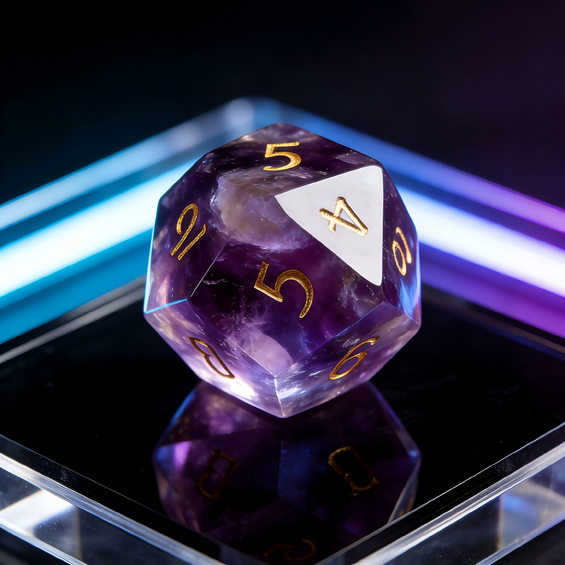 Close-up of natural amethyst crystal D20 die for tabletop RPG — deep violet purple with crystal formations