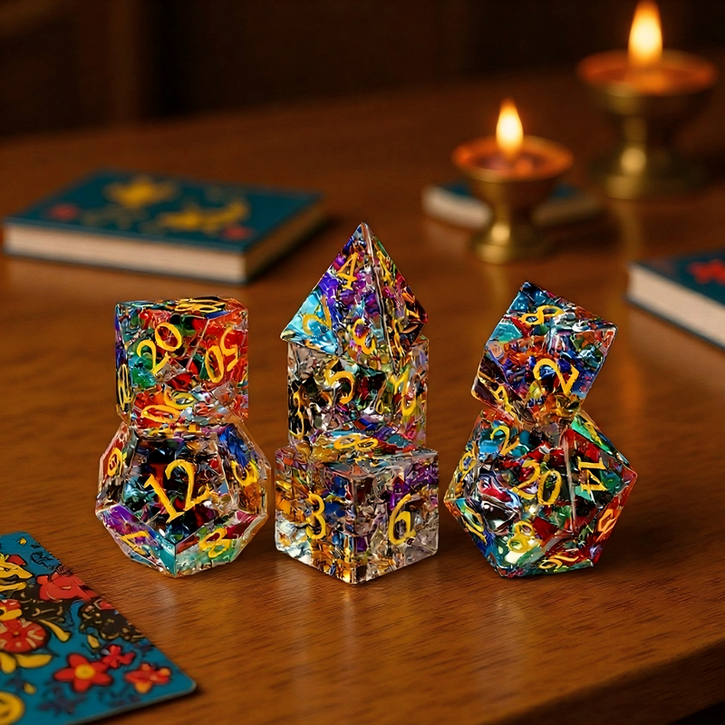 Close-up of K9 crystal D20 die — clear with full-spectrum rainbow internal fractures for tabletop RPG