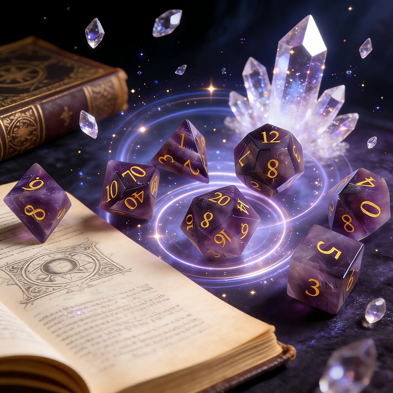 7-piece natural amethyst DND dice set including D4 D6 D8 D10 D12 D20 — rich violet-purple crystal