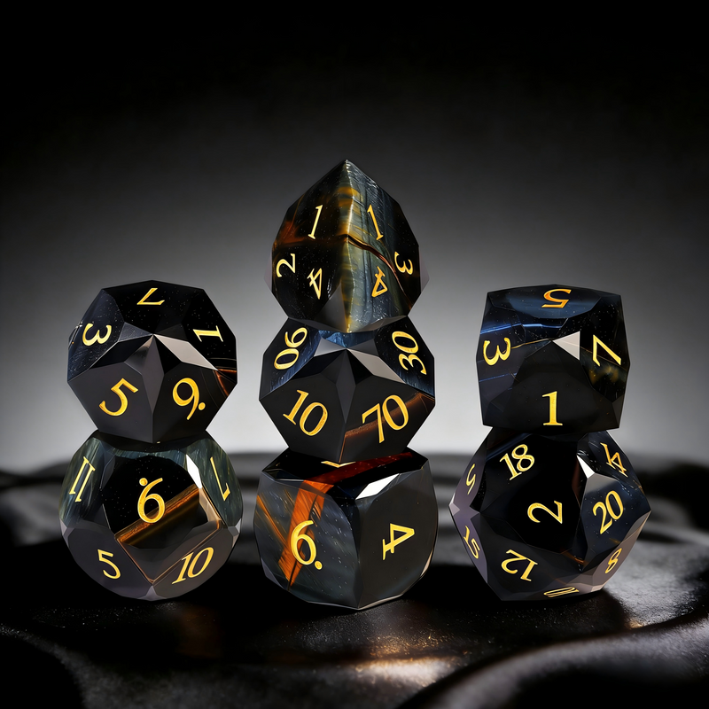 7-piece cat's eye stone DND dice set — midnight blue with silver chatoyant bands with chatoyant shimmer