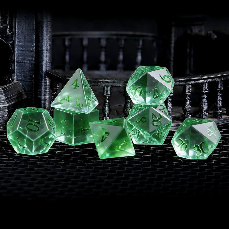 7-piece deep emerald green crackle glass crystal DND dice set for tabletop RPG