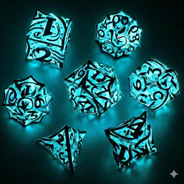 Glow-in-the-Dark Hollow Metal DND Dice Set — metal polyhedral dice for D&D
