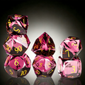 rose-tinted red premium glass polyhedral dice — D4 D6 D8 D10 D12 D20 for D&D 5e