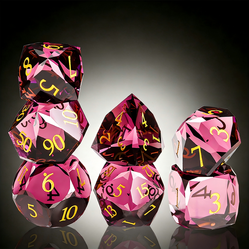 rose-tinted red premium glass polyhedral dice — D4 D6 D8 D10 D12 D20 for D&D 5e