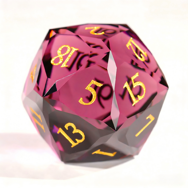 Close-up of rose-tinted red premium glass crystal D20 for Dungeons and Dragons