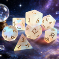 Close-up of matte white with prismatic rainbow iridescence crystal D20 for Dungeons and Dragons