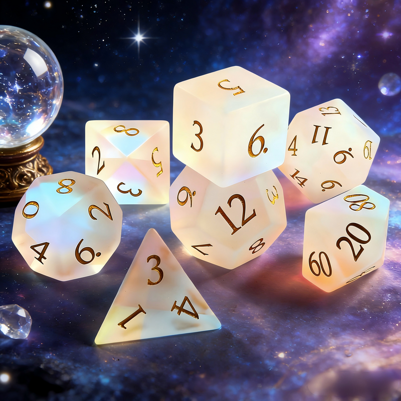 Close-up of matte white with prismatic rainbow iridescence crystal D20 for Dungeons and Dragons