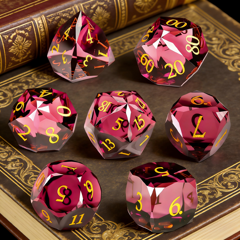 Rose Red Crystal DND Dice Set — premium crystal dice for tabletop RPG