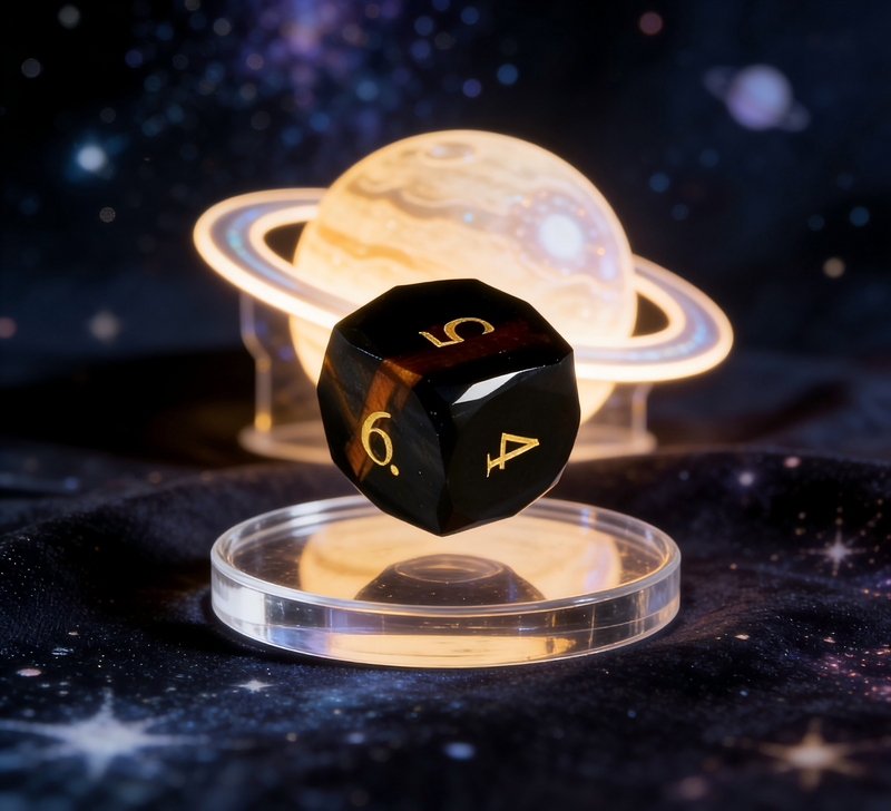 Close-up of blue tiger's eye stone D20 showing light band effect — tabletop RPG dice