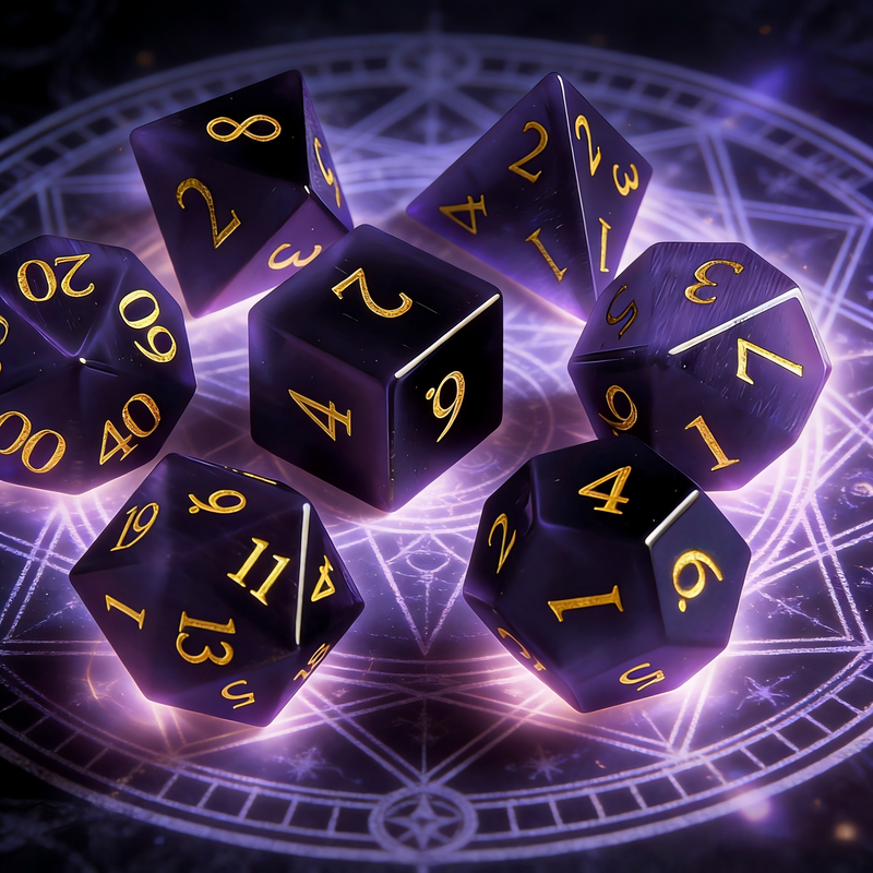 purple cat's eye stone polyhedral dice for Dungeons and Dragons — 7-piece set