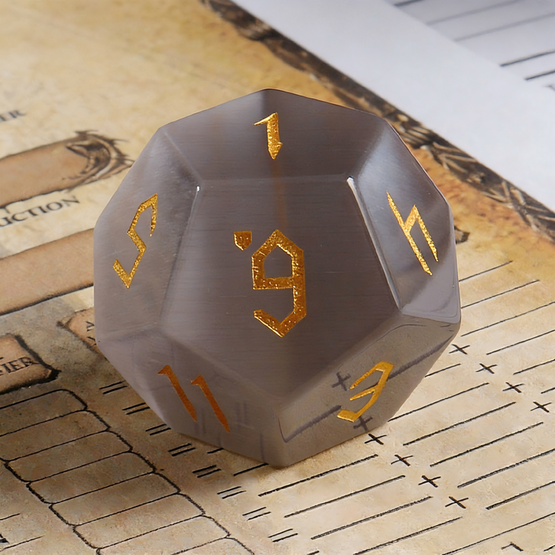 grey cat's eye crystal polyhedral dice for Dungeons and Dragons — 7-piece set