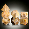 7-piece chrysanthemum stone DND dice set including D4 D6 D8 D10 D12 D20 — midnight black with white floral crystal patterns