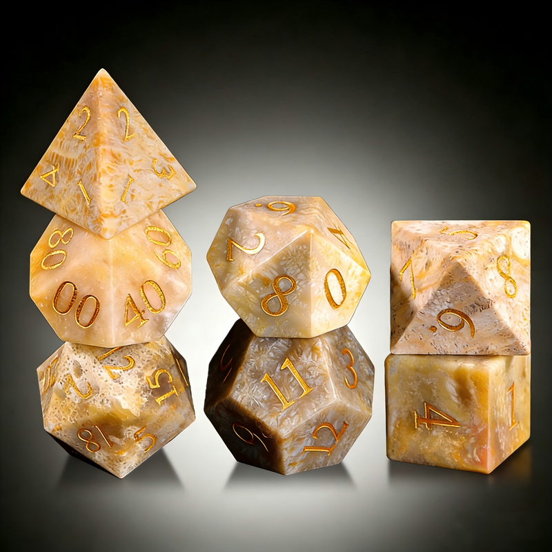 7-piece chrysanthemum stone DND dice set including D4 D6 D8 D10 D12 D20 — midnight black with white floral crystal patterns