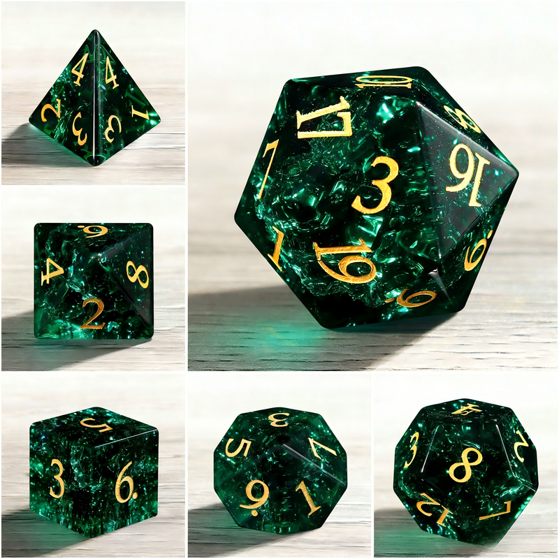 Shattered Green K9 Crystal Dice Set — premium K9 glass DND dice set
