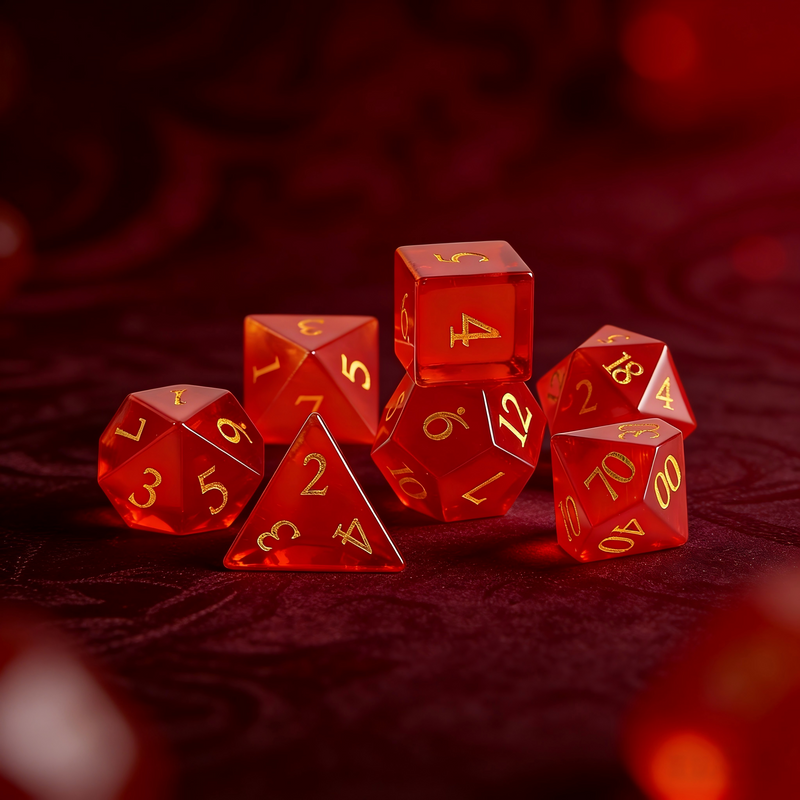 7-piece cat's eye stone DND dice set — deep crimson with sharp white light streak with chatoyant shimmer