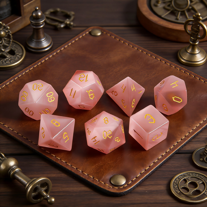 pink cat's eye crystal polyhedral dice for Dungeons and Dragons — 7-piece set
