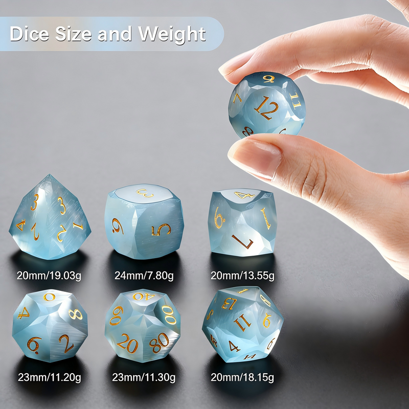 silver gray cat's eye stone polyhedral dice for Dungeons and Dragons — 7-piece set