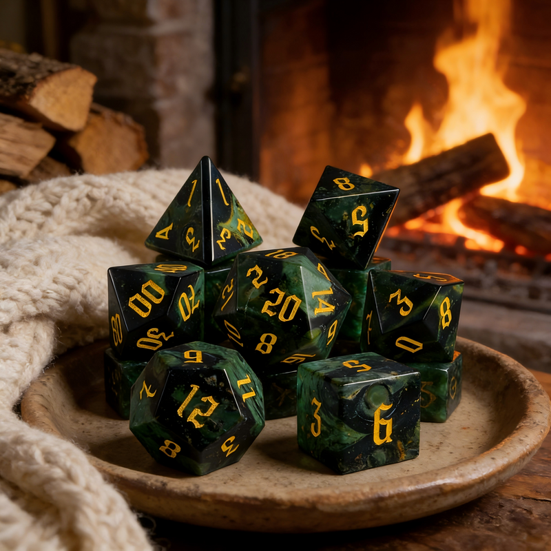 Kambaba Jasper Polyhedral Dice Set — close-up detail — polyhedral dice set for D&D / DND tabletop RPG