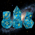 Close-up of K9 crystal D20 die — clear blue with internal shattered fracture pattern for tabletop RPG