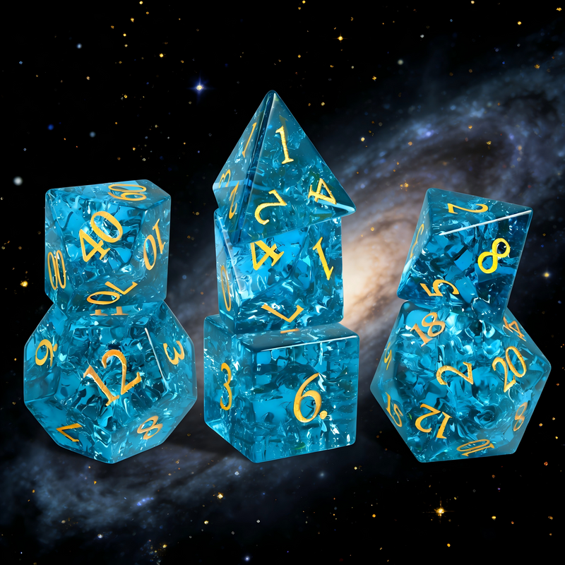 Close-up of K9 crystal D20 die — clear blue with internal shattered fracture pattern for tabletop RPG