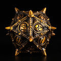 Metal polyhedral dice for Dungeons and Dragons — dark charcoal with golden dragon eye motifs zinc alloy