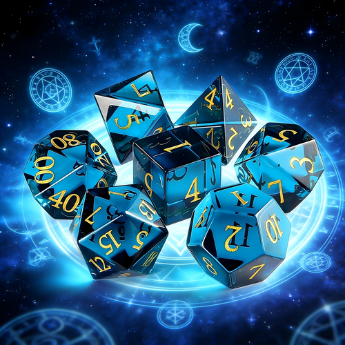 Blue Diamond Cut K9 Crystal Polyhedral Dice Set — close-up detail — polyhedral dice set for D&D / DND tabletop RPG