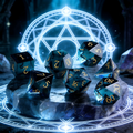 Close-up of K9 crystal D20 die — sapphire blue with prismatic diamond facets for tabletop RPG