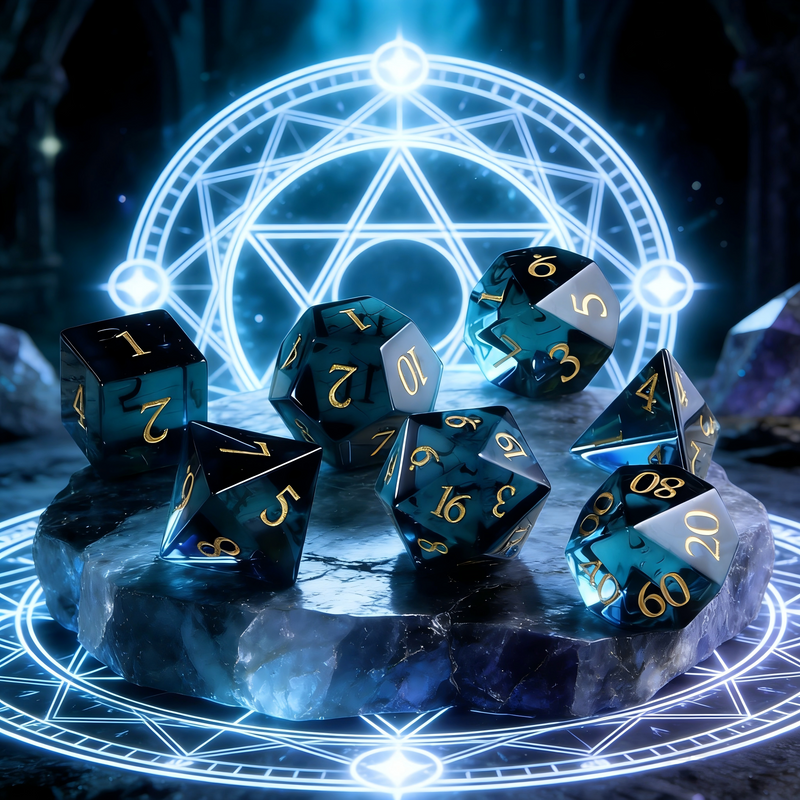 Close-up of K9 crystal D20 die — sapphire blue with prismatic diamond facets for tabletop RPG