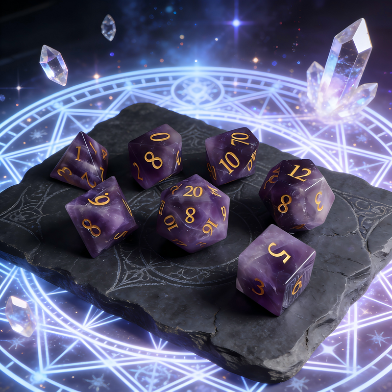 natural amethyst polyhedral dice for Dungeons and Dragons — natural stone 7-piece set