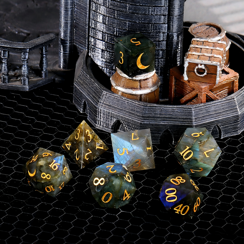 7-piece labradorite DND dice set including D4 D6 D8 D10 D12 D20 — dark grey with electric blue and gold iridescence