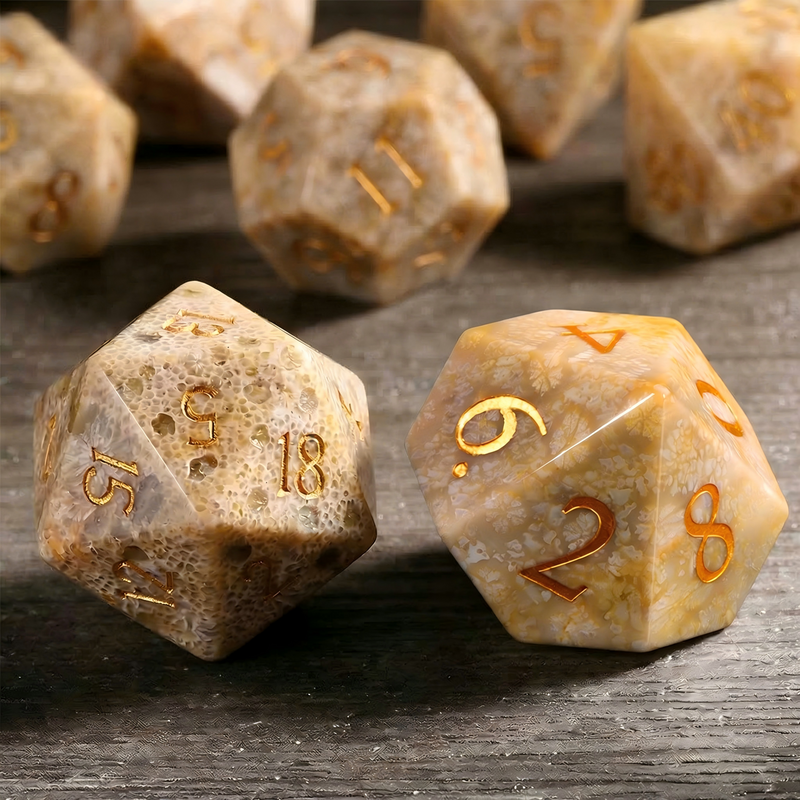 chrysanthemum stone polyhedral dice for Dungeons and Dragons — natural stone 7-piece set