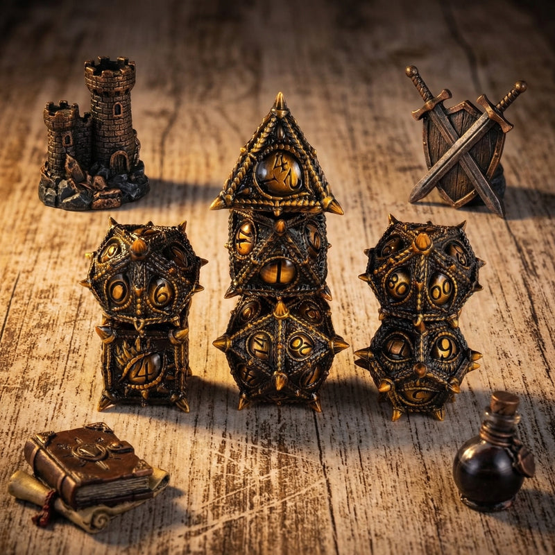 7-piece metal DND dice set — dark charcoal with golden dragon eye motifs