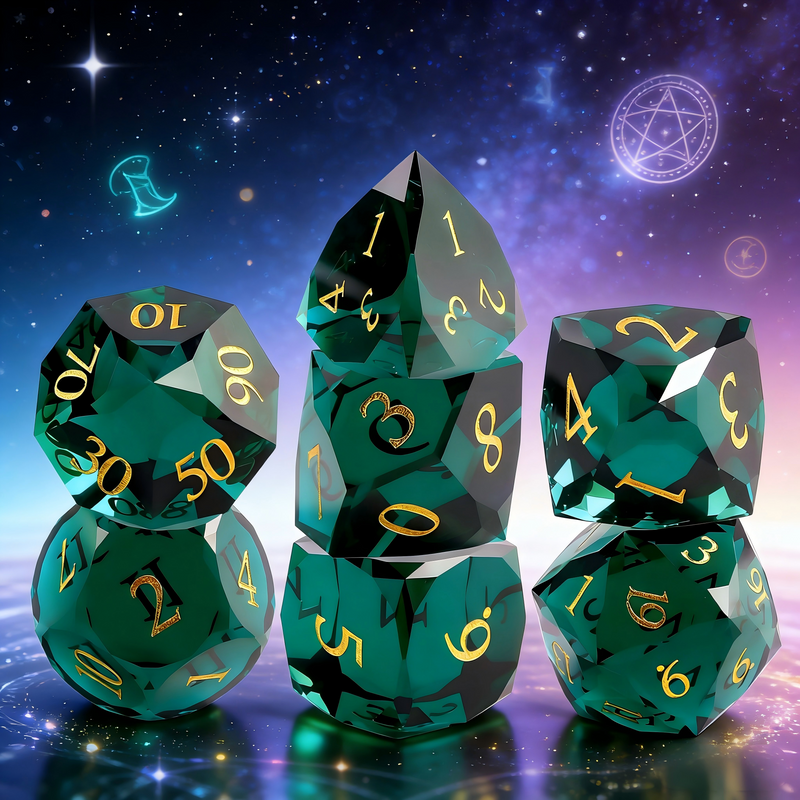 7-piece K9 crystal DND dice set — rich olive green with sharp diamond facets