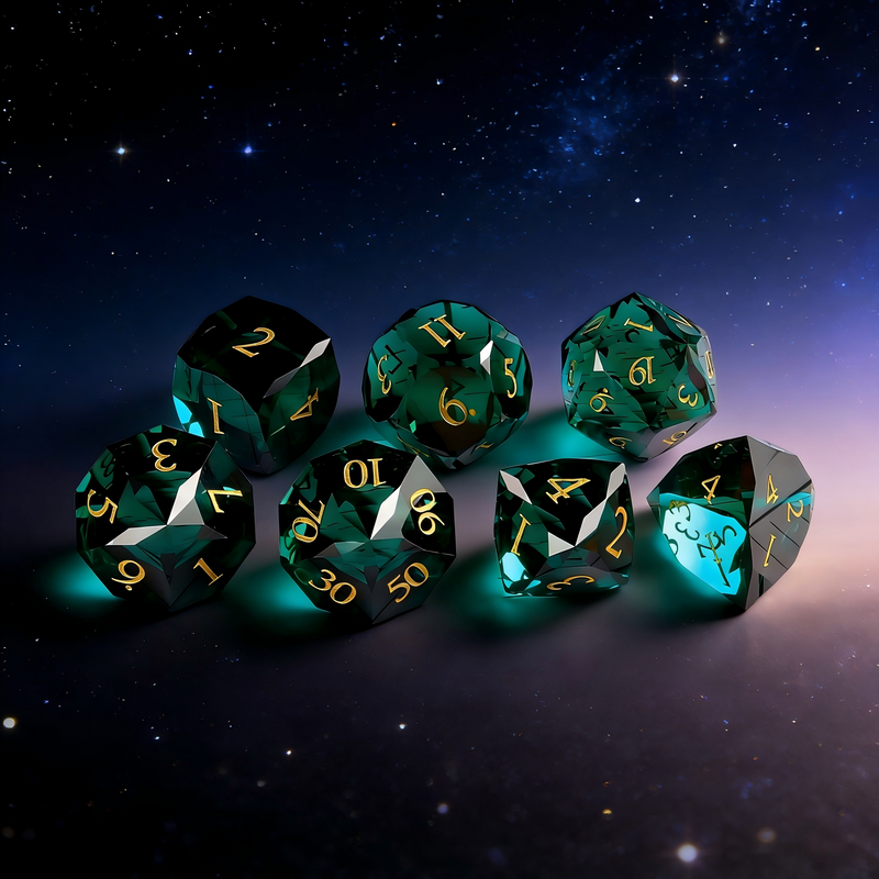Olive Green Diamond Cut K9 Crystal Polyhedral Dice Set — polyhedral dice set for D&D / DND tabletop RPG