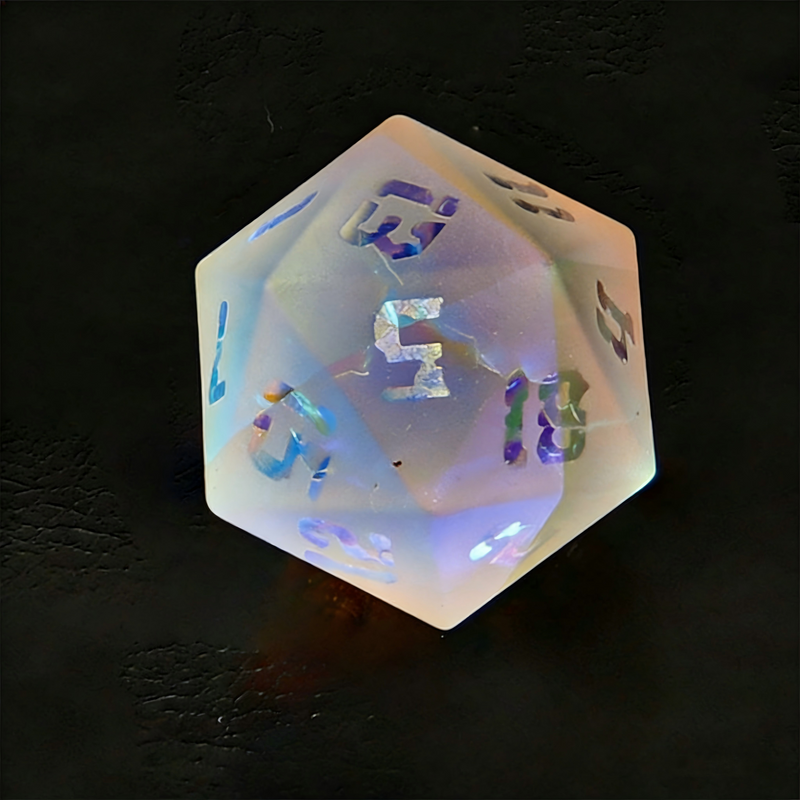 7-piece K9 crystal DND dice set — frosted exterior with internal rainbow fractures