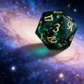 Close-up of K9 crystal D20 die — cool green with broken jade fracture pattern for tabletop RPG