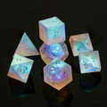 K9 crystal polyhedral dice for Dungeons and Dragons — frosted exterior with internal rainbow fractures