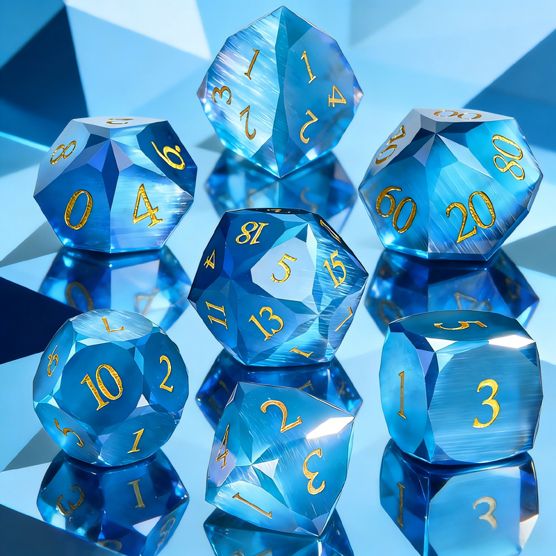 blue cat's eye stone polyhedral dice for Dungeons and Dragons — 7-piece set