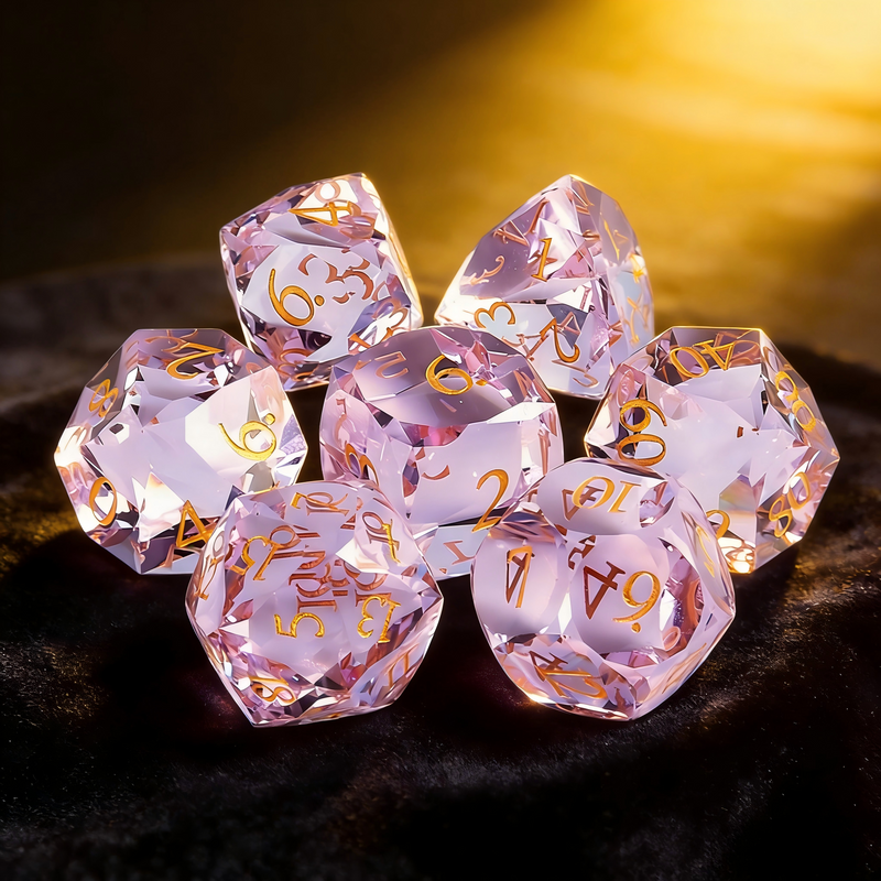7-piece K9 crystal DND dice set — soft lavender with diamond-precision facets