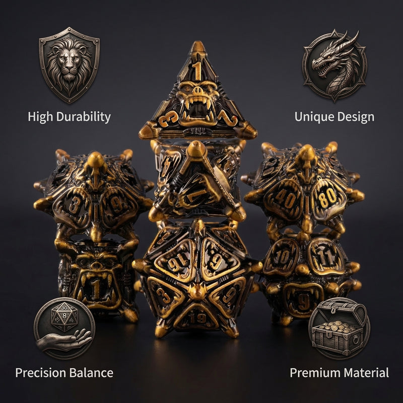 Metal polyhedral dice for Dungeons and Dragons — dark iron grey with raised spike border zinc alloy
