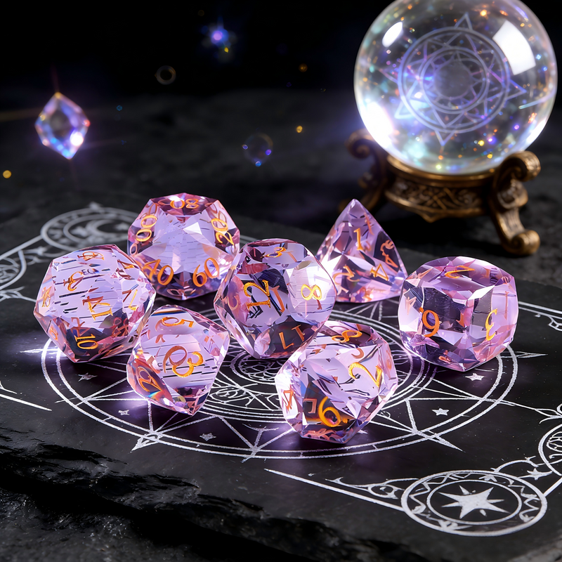 Close-up of K9 crystal D20 die — soft lavender with diamond-precision facets for tabletop RPG