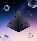 Close-up of K9 crystal D20 die — frosted gray with lightning-like internal fractures for tabletop RPG