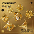 Metal polyhedral dice for Dungeons and Dragons — warm copper-gold with hollow floral cut-out patterns zinc alloy