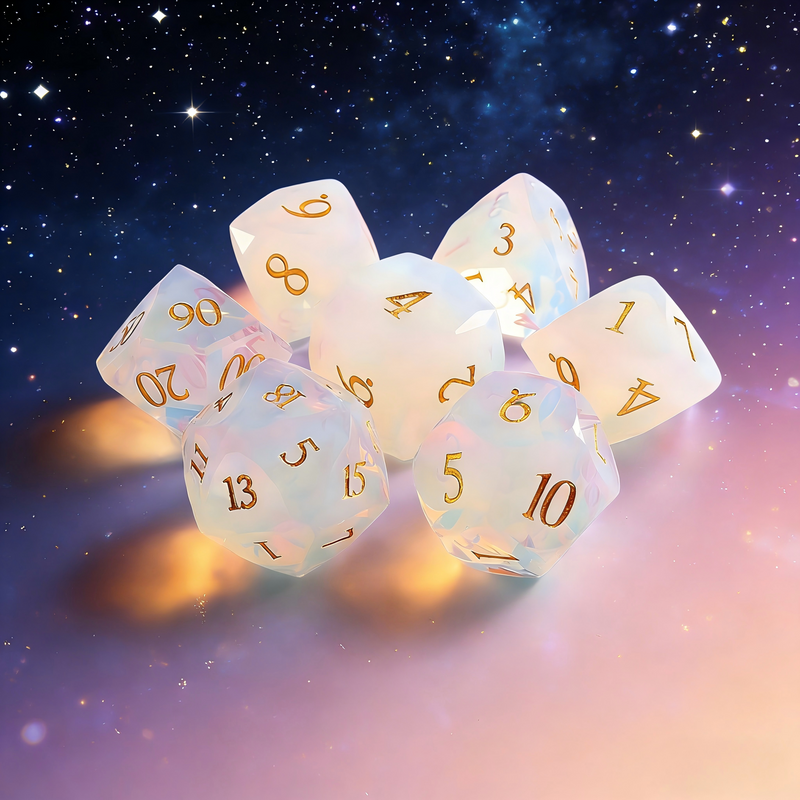 Close-up of K9 crystal D20 die — milky white with blue-pink opalescent glow for tabletop RPG
