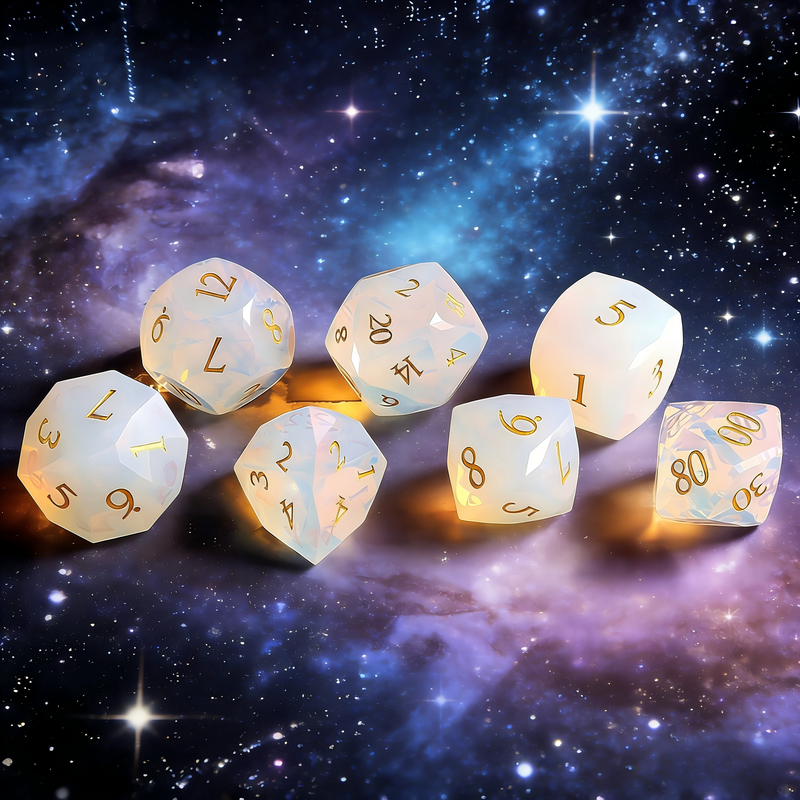 7-piece K9 crystal DND dice set — milky white with blue-pink opalescent glow